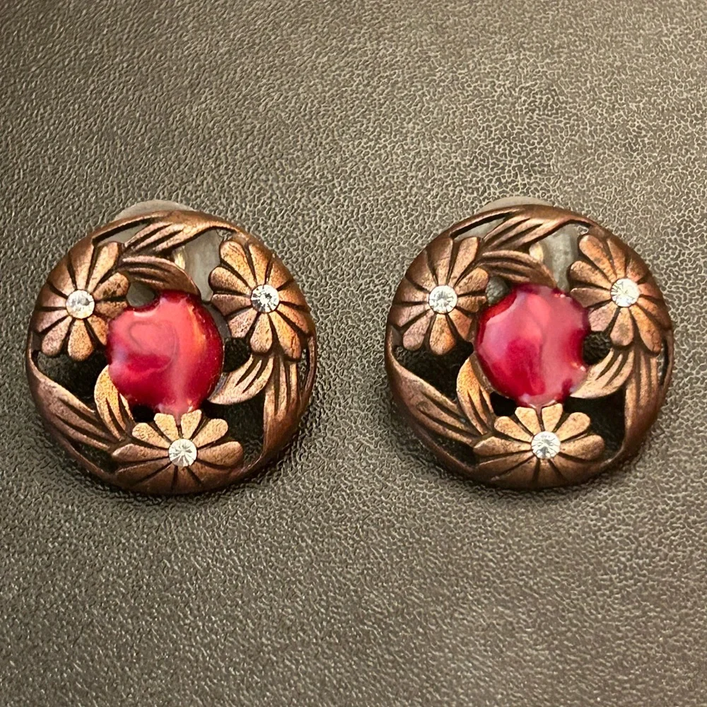 Floral Rhinestone Earrings Vintage Inspired Red Cabochon Round Copper Stud